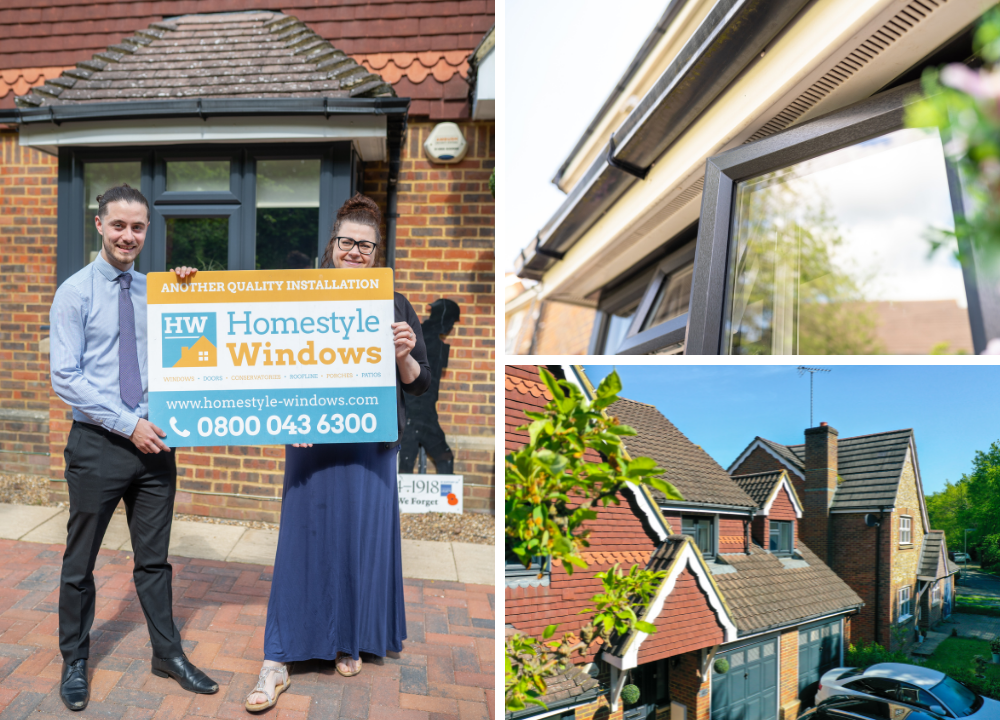 3 images in a collage. The first is a picture of 2 homestyle windows employees holding a banner and smiling. The second is a picture of a uPVC window. The third is of houses fitted with homestyle window's windows and doors.